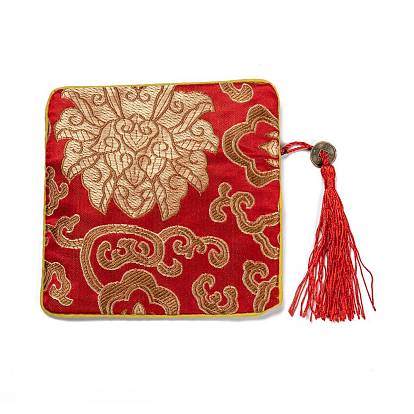 Pochette cadeau de sac de bijoux de fermeture éclair de gland de brocart chinois, carré avec motif de fleurs