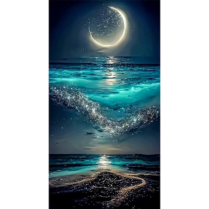 Kit de pintura de diamante artesanal con paisaje oceánico y luna, cielo nocturno elegante, Incluye bolsa de pedrería de resina., bolígrafo adhesivo de diamante, placa de bandeja y arcilla de pegamento