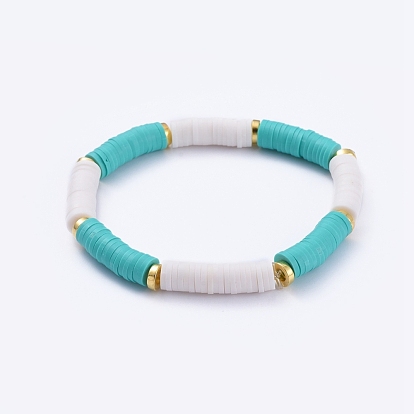 Bracelets élastiques faits à la main de perles heishi en pâte polymère, avec alliage de perles d'entretoise