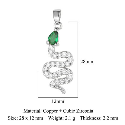Brass Micro Pave Cubic Zirconia Pendants, Snake Charms