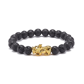 Natural Lava Rock & Alloy Pixiu Beaded Stretch Bracelet, Essential Oil Gemstone Jewelry for Men Women