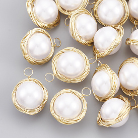 ABS Plastic Imitation Pearl Pendants, with Brass Wire, Round, Real 18K Gold Plated