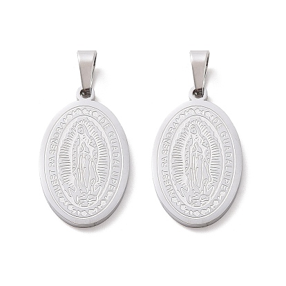 Fashionable 304 Stainless Steel Lady of Guadalupe Pendants, Flat Oval with Virgin Mary/Our Lady of Guadalupe