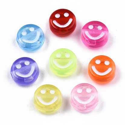 Transparent Acrylic Beads, Flat Round with White Smiling Face