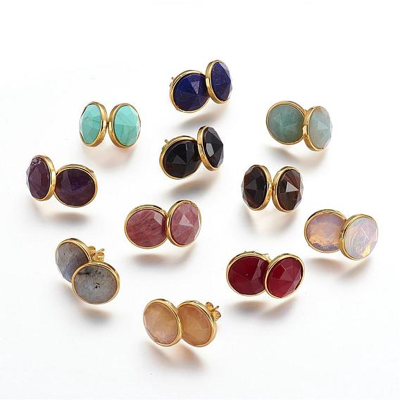 Gemstone Ear Studs, with Brass Findings, Golden, Flat Round
