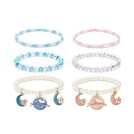 3Pcs 3 Style Shell Pearl & Glass Seed Beaded Stretch Bracelets Set, Alloy Enamel Moon & Star Charms Bracelets for Women