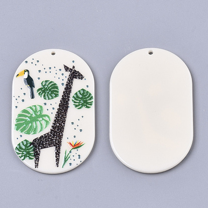 Acrylic Big Pendants, Tropical Leaf Charms, 3D Printed, Oval, Giraffe & Monstera Leaf & Bird Pattern