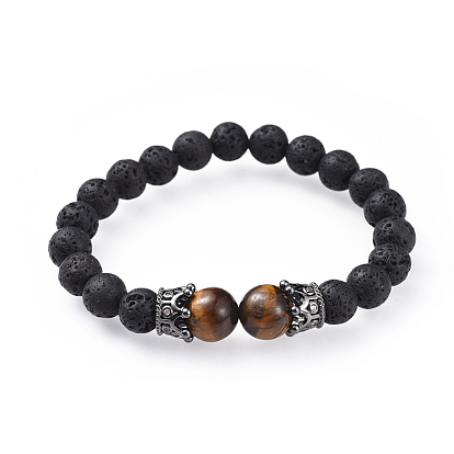 Bracelets élastiques de pierres fines, avec des perles de pierre de lave naturelle et des perles de zircone cubique micro pavées en laiton, couronne