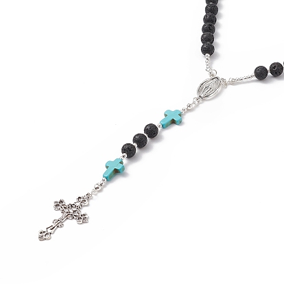 Ожерелье из четок из натуральной лавы и синтетической зеленой бирюзы, ожерелье из сплава Девы Марии и креста для женщин