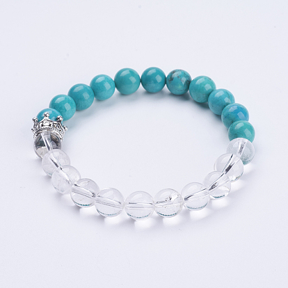 Natural Gemstone & Quartz Crystal Stretch Bracelets, with Alloy Crown Beads, Antique Silver, Round