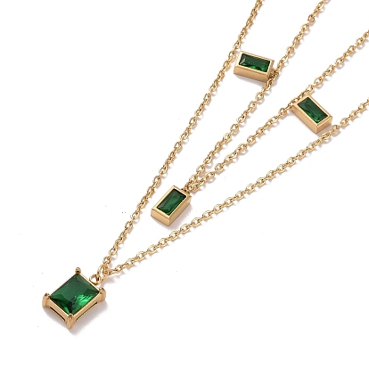 Green Glass Rectangle Charms Double Layer Necklace, Ion Plating(IP) 304 Stainless Steel Jewelry for Women