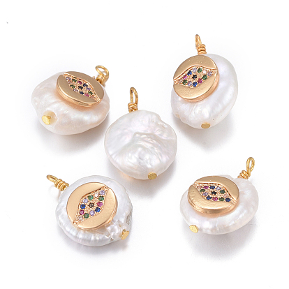 Natural Cultured Freshwater Pearl Pendants, with Brass Cubic Zirconia Findings, Nuggets with Eye, Golden