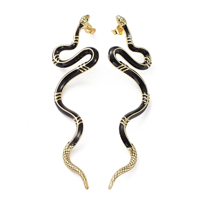 Real 18K Gold Plated Vivid Snake Enamel Stud Earrings, Brass Cubic Zirconia Long Earrings for Girl Women