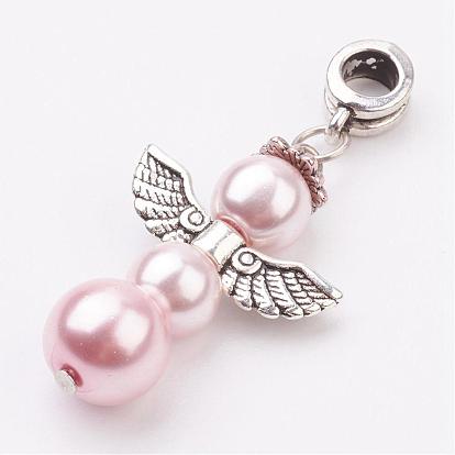 Alloy European Dangle Charms, Angel, Large Hole Pendants, with Glass Pearl Beads, Antique Silver