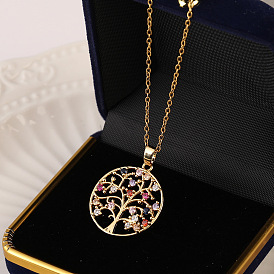 Colorful Tree of Life Necklace with Cubic Zirconia and Palm Cutout Pendant