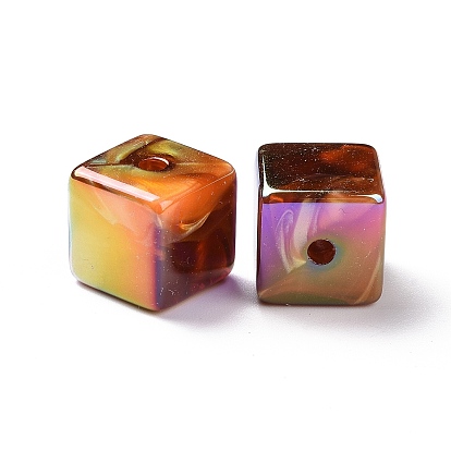 UV Plating Rainbow Iridescent Acrylic Beads, with Gold Foil, Cube