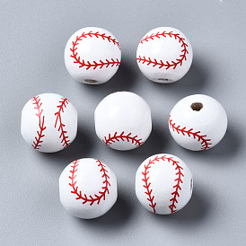 Perles européennes en bois naturel peint, Perles avec un grand trou   , imprimé, baseball