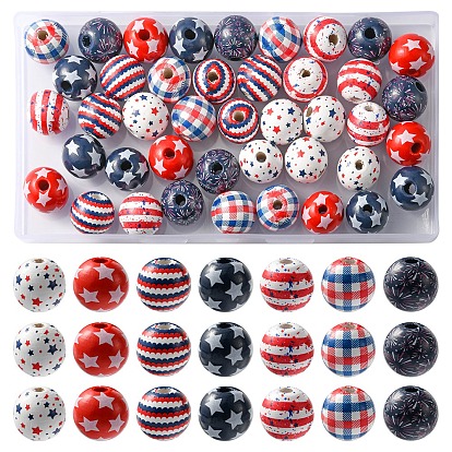 42Pcs 7 Styles Independence Day Theme Schima Wood Beads, Printed Round Beads