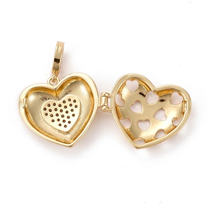 Brass Micro Pave Clear Cubic Zirconia Diffuser Locket Pendants, Long-Lasting Plated, Lead Free & Cadmium Free,Heart with Heart