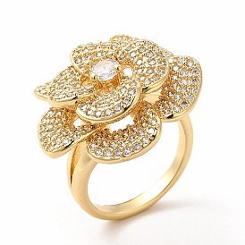 Anillo de dedo de flor de circonita cúbica, joyas de latón chapado en oro real 18k para mujer, sin plomo y cadmio