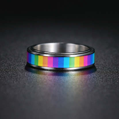 Rainbow Color Pride Flag Enamel Rectangle Rotating Ring, Stainless Steel Fidge Spinner Ring for Stress Anxiety Relief
