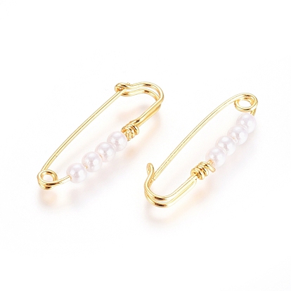 Brass Kilt Pin Brooch Findings, Long-Lasting Plated, with Shell Pearl Beads