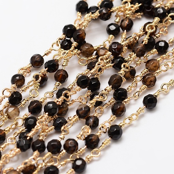 Faceted Round Natural Agate Handmade Beaded Chains, Unwelded, with Golden Brass Findings, Cadmium Free & Nickel Free & Lead Free, 14.5x4mm