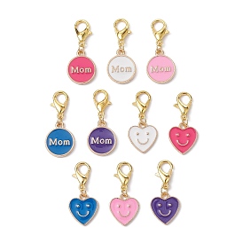 Mother's Day Heart/Flat Round with Word Mom Alloy Enamel Pendant Decorations, with Zinc Alloy Lobster Claw Clasps