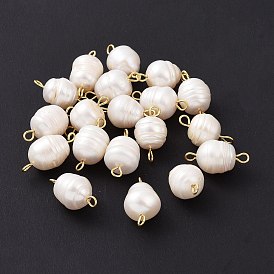 Grade B Natural Cultured Freshwater Pearl Connector Charms, with 304 Stainless Steel Double Loops, Polished Rice