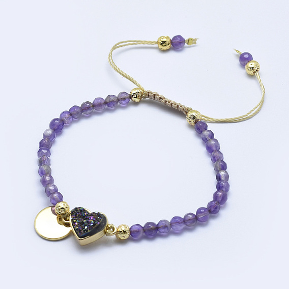 Bracelets de perles tressées naturelles de pierres précieuses, avec des perles de pierre de lave naturelle galvanisées, crystal druzy, cordes en nylon et résultats en laiton, plat rond et coeur