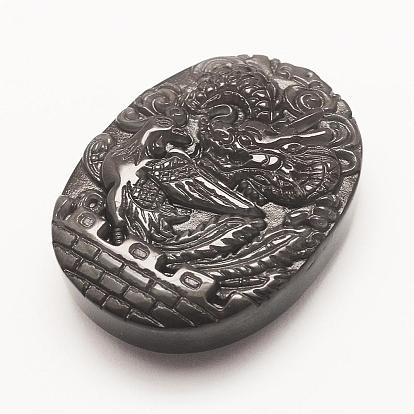 Carved Natural Obsidian Pendants, Flat Oval with Dragon and Phoenix