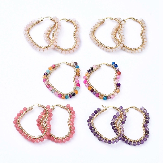 201 Stainless Steel Hoop Earrings, Beaded Hoop Earrings, with Natural Gemstone Beads, Heart, Golden