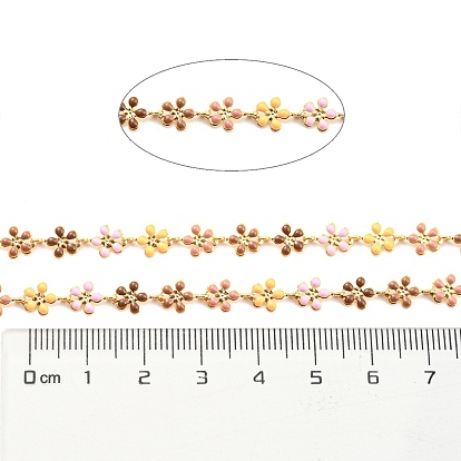 Brass with Colorful Enamel Flower Link Chains, Unwelded, with Spool