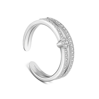 TINYSAND 925 Sterling Silver Cuff Rings, Open Rings, with Cubic Zirconia, Size 5, 15.5mm