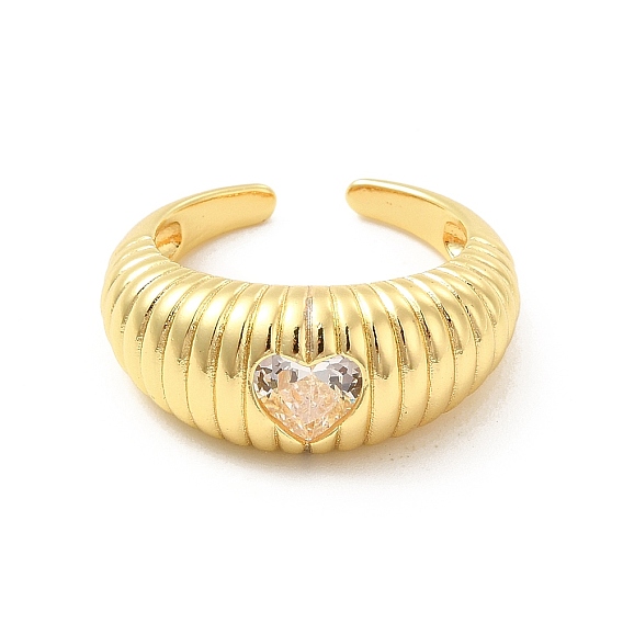 Rhinestone Heart Heart Open Cuff Ring, Rack Plating Brass Jewelry for Women, Cadmium Free & Lead Free
