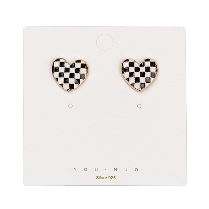 Black and White Checkerboard Heart Stud Earrings, Alloy Enamel with 925 Sterling Silver Pin, for Girl Women