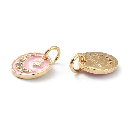 Brass Micro Pave Clear Cubic Zirconia Charms, with Pink Enamel, Long-Lasting Plated, With Jump Rings, Flat Round with Moon and Star