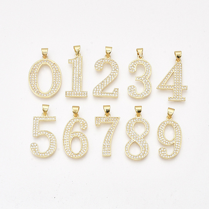Brass Cubic Zirconia Pendants, Number, Real 14K Gold Plated