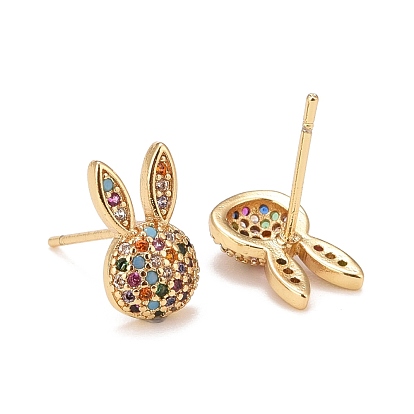 Cubic Zirconia Rabbit Stud Earrings, Real 18K Gold Plated Brass Jewelry for Women, Lead Free & Cadmium Free