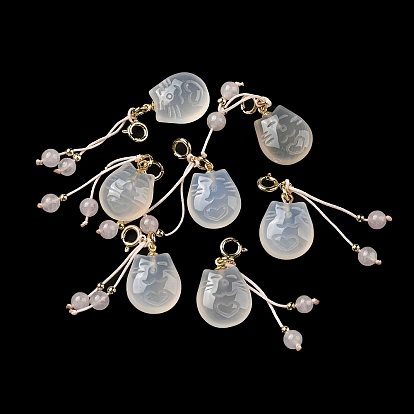 Natural White Agate Cat Pendant Decorations, Natural Rose Quartz Tassel Ornament, with Brass Spring Ring Claps