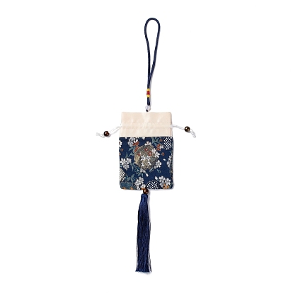 Brocade Sachet Bag, Drawstring Floral Embroidered Bag, Rectangle with Tassel