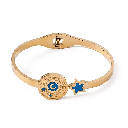 Blue Enamel Moon & Star Hinged Bangle, Ion Plating(IP) 304 Stainless Steel Jewelry for Women