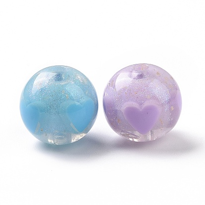 Perles acryliques, poudre de scintillement, ronde avec motif coeur