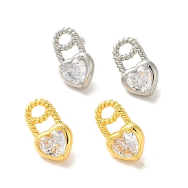 Heart Brass Micro Pave Cubic Zirconia Stud Earrings, with 925 Sterling Silver Pins