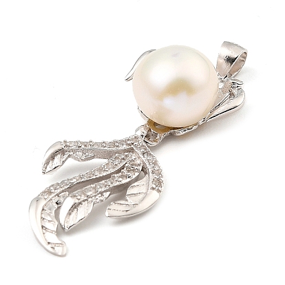 Rhodium Plated 925 Sterling Silver Pendants, with Cubic Zirconia and Natural Pearl Beads, Fish Charms, with S925 Stamp