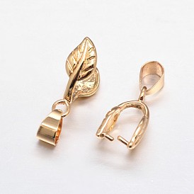 Rack Plating Brass Leaf Pinch Bails for Pendant Making, Lead Free & Cadmium Free, 17x6x7mm, Hole: 6x4mm, Pin: 1mm
