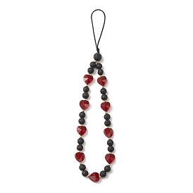 Sangles mobiles rondes en pierre de lave naturelle et perles de verre coeur, décoration d'accessoires mobiles de sangle tressée en nylon