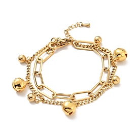 Bracelet multirangs charm cloche et boule ronde, placage sous vide 304 bracelet à chaînes double couche en acier inoxydable pour femme
