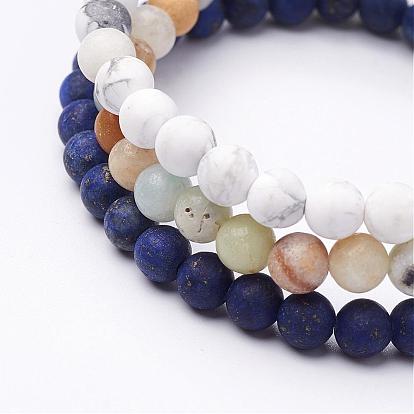 Mixed Gemstone Beaded Stretch Bracelet Sets, Stackable Bracelets, Natural Amazonite, Natural Lapis Lazuli(Dyed & Heated) and Howlite, Frosted