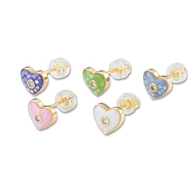 Natural Shell & Enamel Heart Stud Earrings with Cubic Zirconia, Golden Brass Jewelry for Women, Nickel Free
